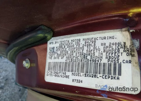 1999 Toyota Camry Ce из США, поврежденный, VIN 4T1BG22K0XU549047